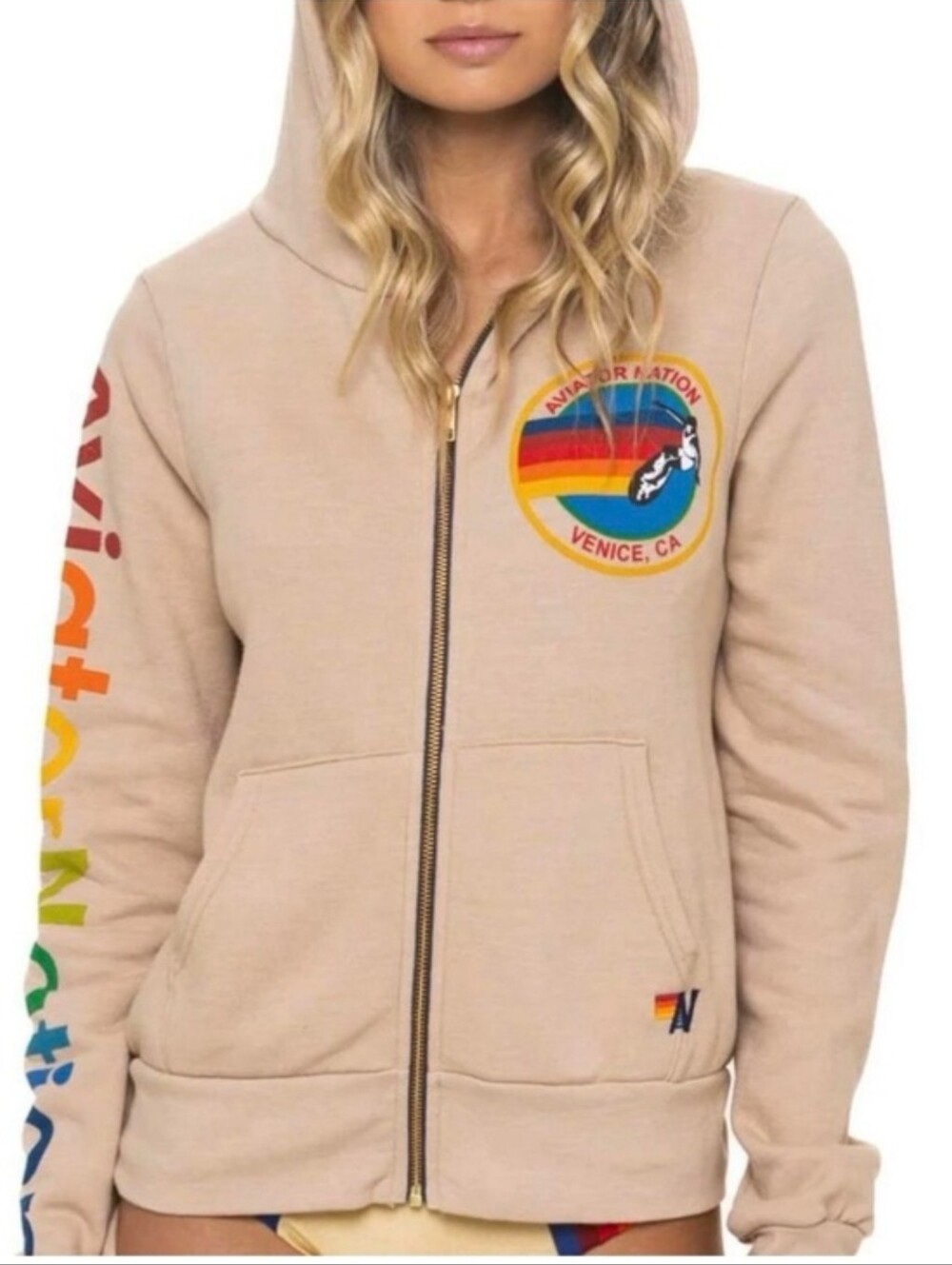 Aviator Nation Zip-Up Hoodie in Tan with Rainbow Accents M